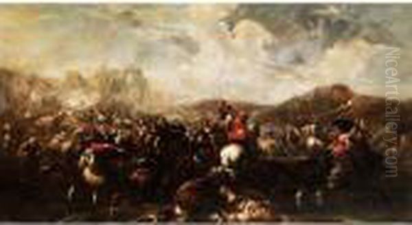 Dramatische Reiterschlacht In Bergiger Landschaft Oil Painting by Jacques Courtois