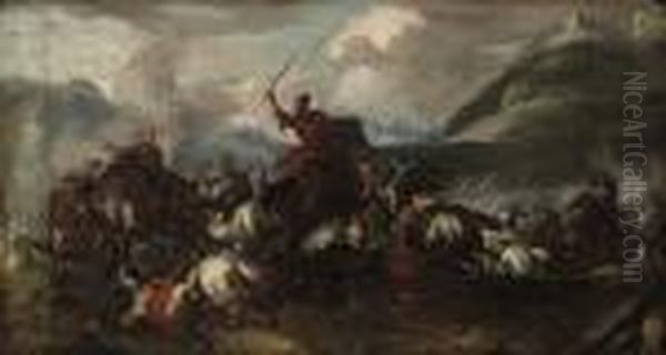 A Battle Scene With Cavalry And Cannon, A Hilltop Fortressbeyond Oil Painting by Jacques Courtois