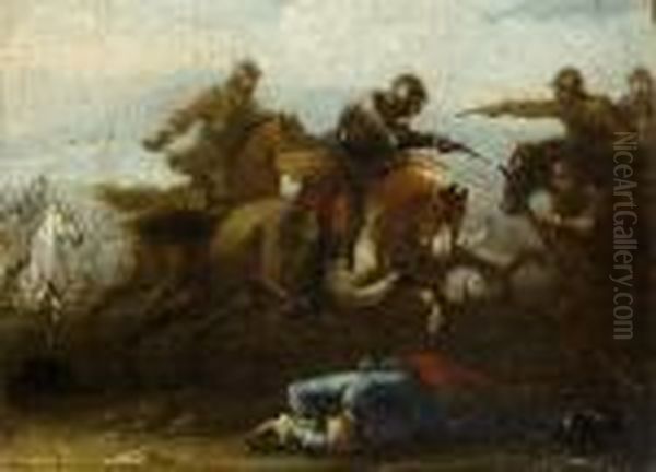 A Cavalry Skirmish Oil Painting by Jacques Courtois