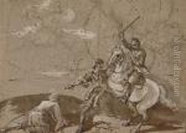 A Mounted Knight Attacked By Two Turkish Soldiers Oil Painting by Jacques Courtois