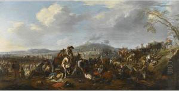 An Extensive Landscape With The Aftermath Of A Battle Oil Painting by Jacques Courtois