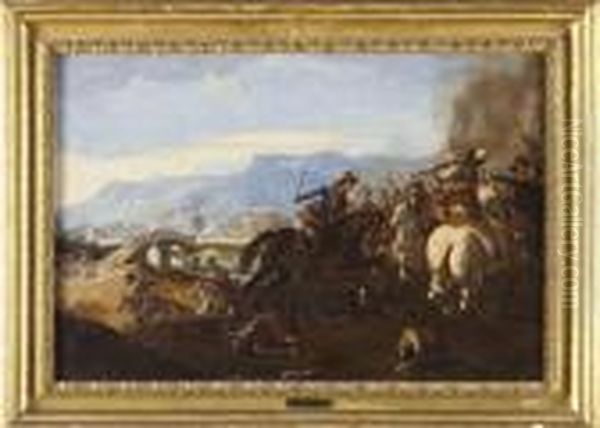 Battaglia Di Cavalieri Con Ponte E Citta Sullo Sfondo Oil Painting by Jacques Courtois