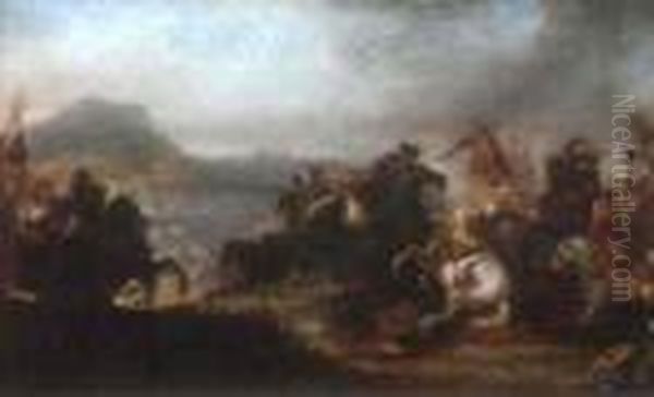 Called Burgognone A Cavalry Skirmish On A Hill Before An Extensive Landscape Oil Painting by Jacques Courtois