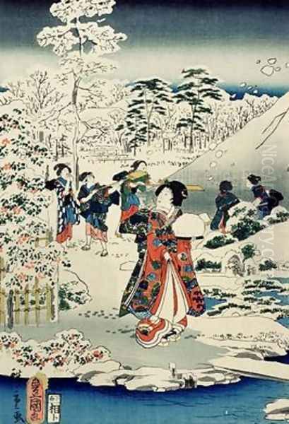 Maids in a snow covered garden Oil Painting by Utagawa Kunisada