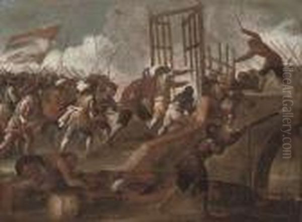 A Battle On A Bridge Oil Painting by Jacques Courtois