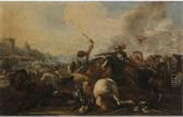 A Cavalry Battle Before A Fortified Town Oil Painting by Jacques Courtois
