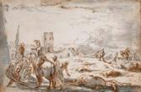 Des Cavaliers Secourant Des Blesses Sur Un Champ De Bataille Oil Painting by Jacques Courtois