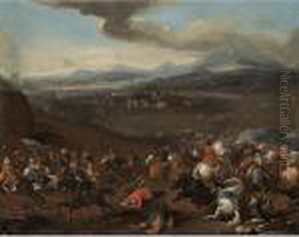 A Cavalry Skirmish On The Hills Above A Walled Town Oil Painting by Jacques Courtois