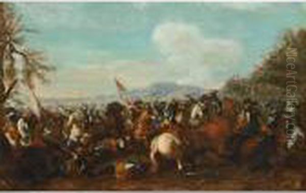 A Cavalry Battle Scene Oil Painting by Jacques Courtois