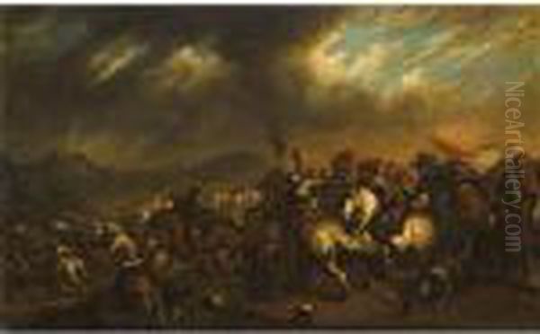 A Cavalry Skirmish Oil Painting by Jacques Courtois
