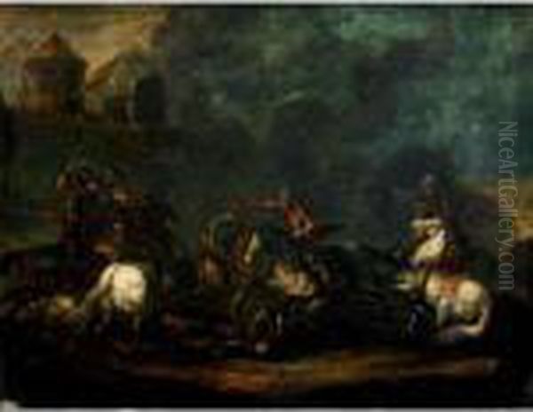 A Cavalry Skirmish On The Outskirts Of A Village Oil Painting by Jacques Courtois