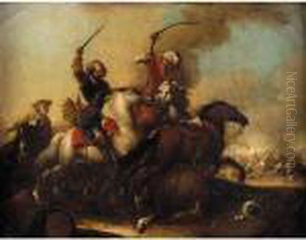 A Cavalry Skirmish Oil Painting by Jacques Courtois