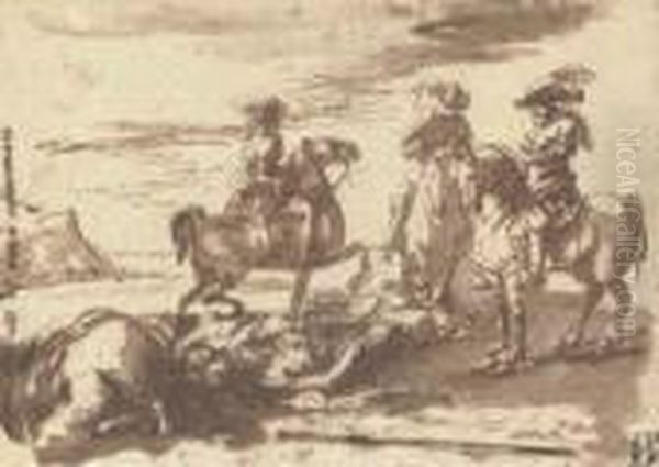 Trois Cavaliers Pres D'un Cheval Et Un Homme A Terre Oil Painting by Jacques Courtois