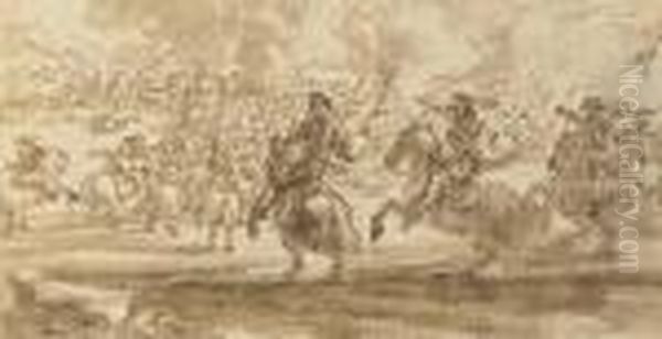 Une Bataille Avec Des Cavaliers Chargeant Oil Painting by Jacques Courtois