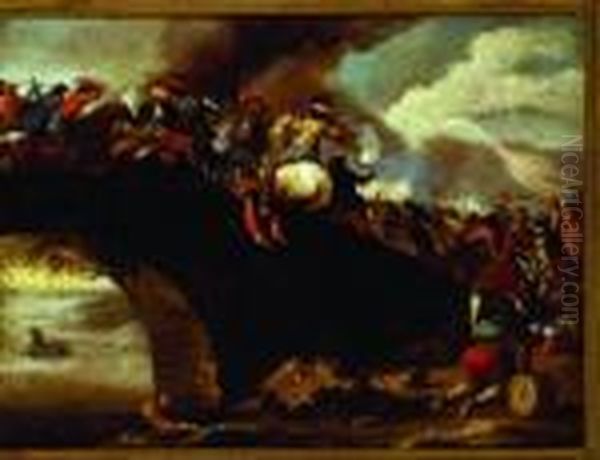 Cavalry Battle On The Bridge Oil Painting by Jacques Courtois