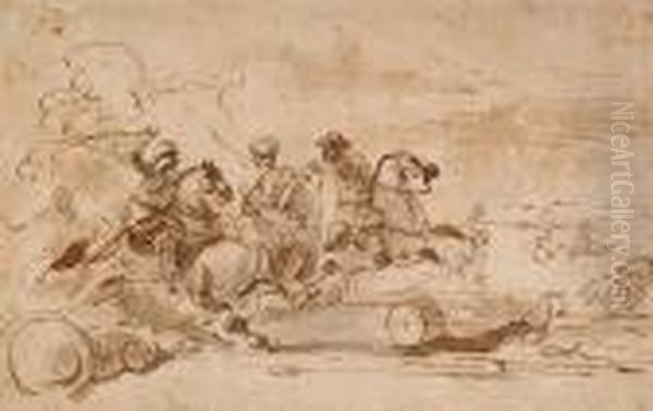 Sketch For A Battle Scene With Three Horsemen With Sabres Drawn Oil Painting by Jacques Courtois