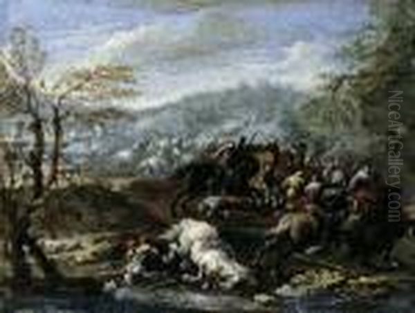 Reiterschlacht. Im Hintergrund Eine Befestigte Stadt. Oil Painting by Jacques Courtois