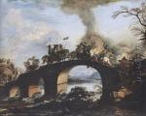 Cavalry Skirmish On A Bridge Oil Painting by Jacques Courtois