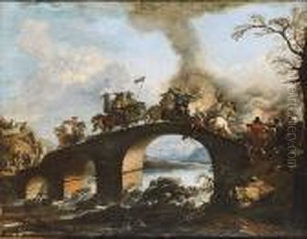 A Cavalry Skirmish On A Bridge Oil Painting by Jacques Courtois
