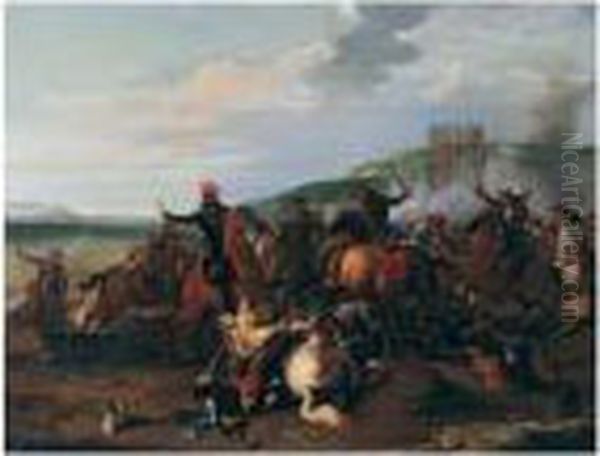A Cavalry Skirmish Oil Painting by Jacques Courtois