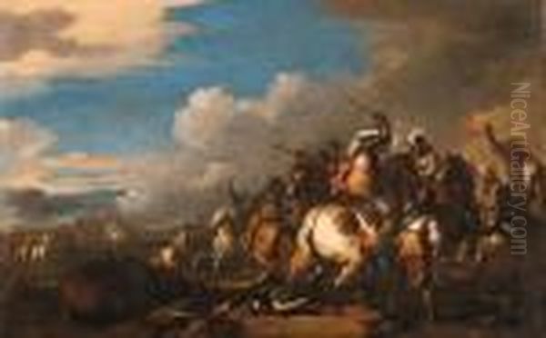 A Cavalry Battle Oil Painting by Jacques Courtois