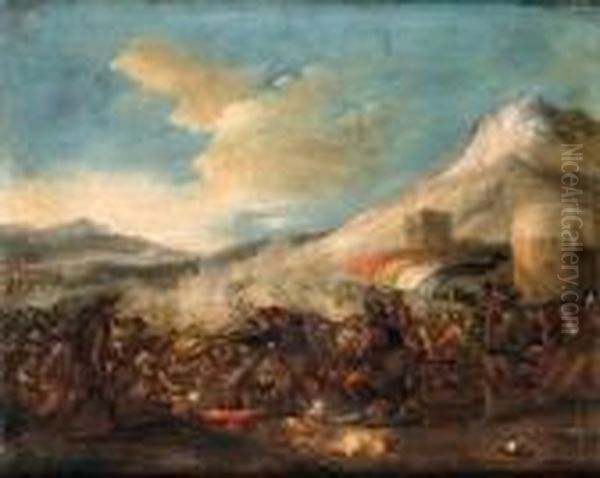 An Infantry Battle In A Mountainous Landscape Oil Painting by Jacques Courtois