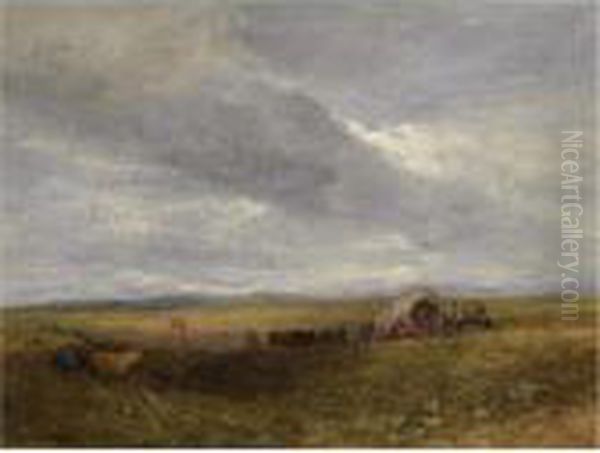 Travellers In A Landscape Oil Painting by David I Cox