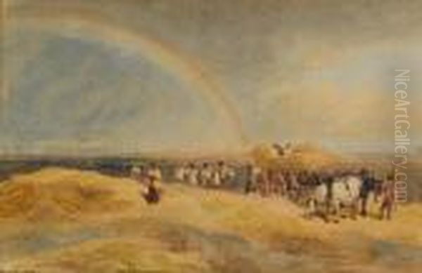 Haymakers Beneath A Rainbow Oil Painting by David I Cox