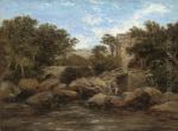 Figures By A River, A Mill Beyond Oil Painting by David I Cox