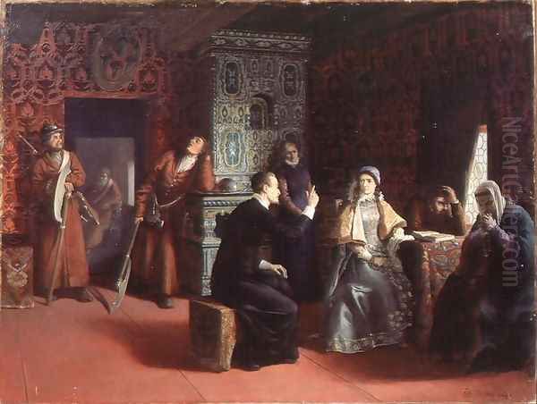 Marina Mniszech under Arrest with A Priest Oil Painting by Mikhail Konstantinovich Klodt
