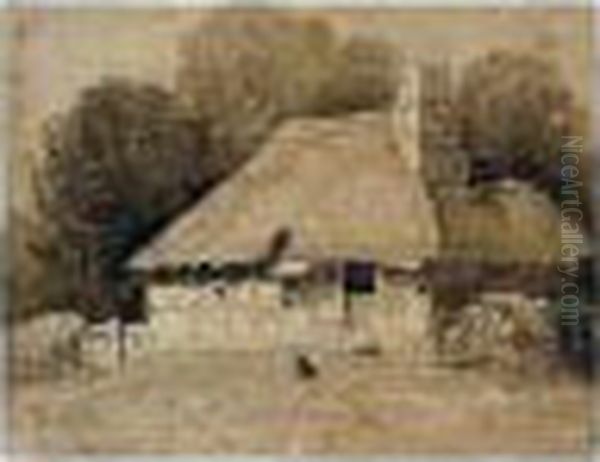 A Woman With Chickens Outside 
Stone Cottages; A Dog By A Thatched Cottage Near Dolbenmaen, Wales Oil Painting by David I Cox