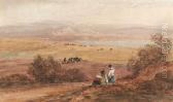 Figures In A Rural Landscape With The Sea Beyond Oil Painting by David I Cox