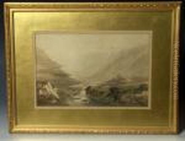 Figures On A Roadway Close To A 
Stone Bridge Over A Fast Flowing River In A Deep Valley Setting Oil Painting by David Cox