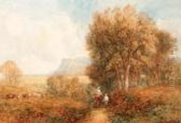 Figures And A Horse In An 
Extensive Landscape With A View Of Achurch Beyond; And Figures On A Lane
 With Cattle Grazingbeyond Oil Painting by David Cox