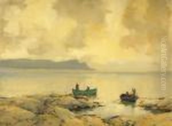 Herring Boats Off A Rocky Shore Oil Painting by James Humbert Craig