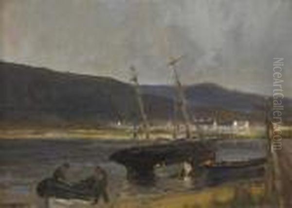Rha Rua Boats At Waterfoot Bay,
 County Antrim Signed Lower Left Oil On Canvas Board 25 By 36cm., 10 By 
14in Oil Painting by James Humbert Craig