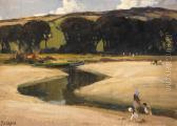 Rha Rua Children And Boats By 
An Estuary Signed Lower Left Oil On Rathbone Canvas Board 25 By 36cm., 
10 By 14in Oil Painting by James Humbert Craig