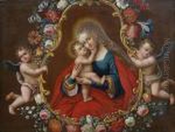 Madonna With Child Framed With A Garland Of Flowers Oil Painting by Lucas The Elder Cranach