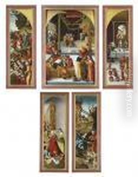 A Triptych: The Central Panel: 
Christ Among The Doctors; The Wings: The Multiplication Of The Loaves 
And Fishes; And The Marriage At Cana; The Outer Faces: Saint Elizabeth 
Of Thuringia Giving Alms; And The Nativity Oil Painting by Lucas The Elder Cranach