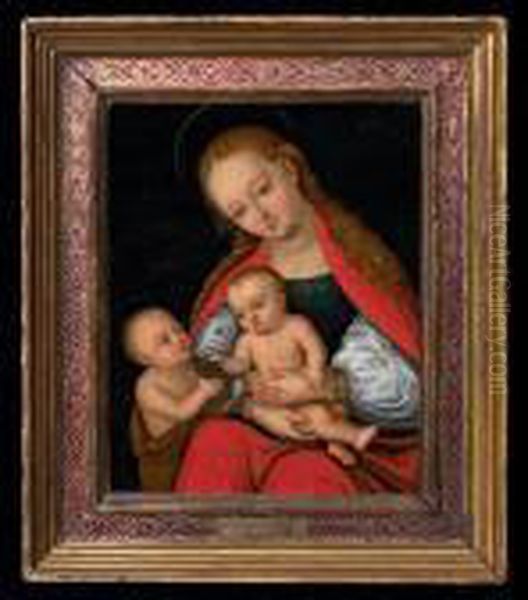 Lucas Cranach, Copy From: 
Madonna And The Baby. Signed Monogram. Oil On Plate. 23 X 18 Cm Oil Painting by Lucas The Elder Cranach