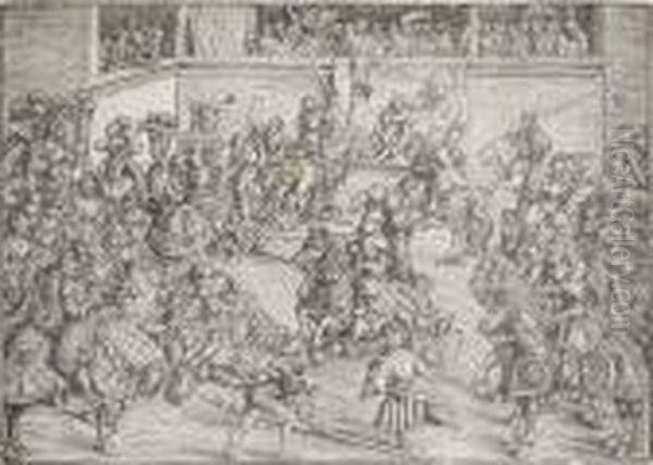 The Second Tournament With The Tapestry Of Samson And Thelion Oil Painting by Lucas The Elder Cranach