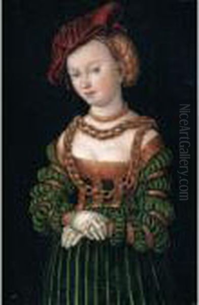 Portrait Of A Young Woman, 
Three-quarter Length, As A Court Beauty, Wearing A Red Cap And A Green 
Dress Trimmed With Gold, Her Decolletage Bedecked With Gold Chains Oil Painting by Lucas The Elder Cranach