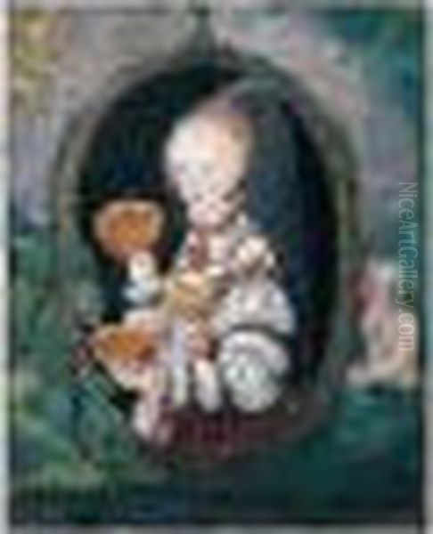 Portrait Of A Lady, Half Length,
 Carrying Two Golden Vessels In A Feigned Oval And Flanked By Symbols Of
 The Four Elements Oil Painting by Lucas The Elder Cranach