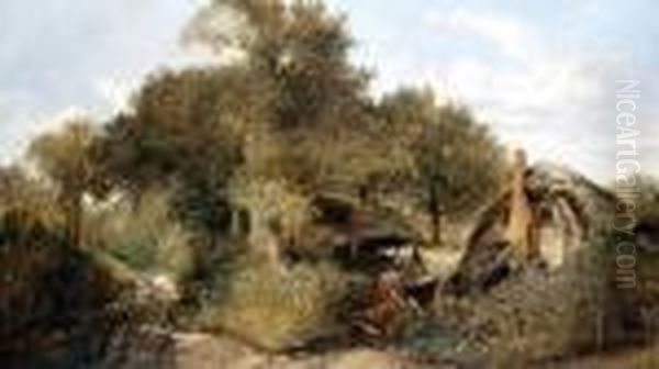 Figures And Livestock At A Rustic Junction Oil Painting by Thomas Creswick