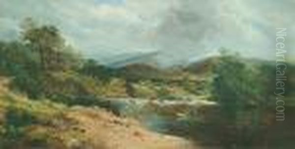 A Highland Scene With Figures Beside A Loch And Another Fishing Oil Painting by Thomas Creswick