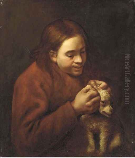 A boy de-licing a dog Oil Painting by Bernhard Keil, Monsu Bernardo