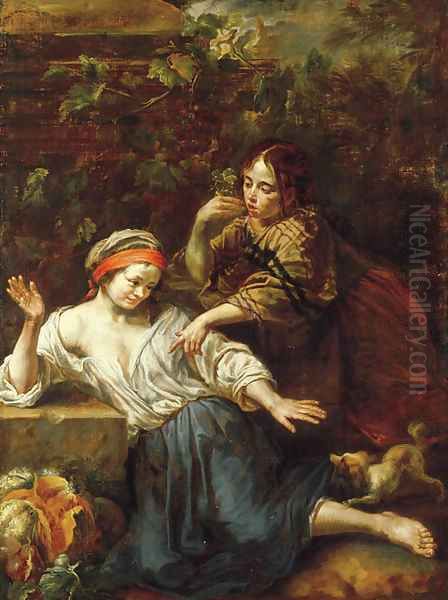 A boy and a girl playing in an orchard with a dog Oil Painting by Bernhard Keil, Monsu Bernardo