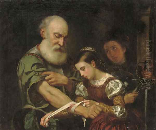 A young girl binding the wound of an old man Oil Painting by Bernhard Keil, Monsu Bernardo