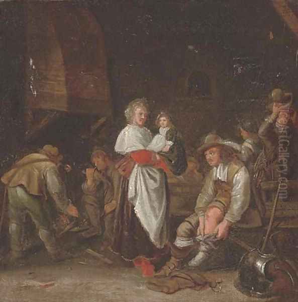 A cavalier putting his boots on and other figures in an guardroom Oil Painting by Simon Kick