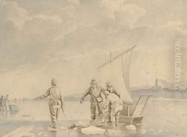 Dutch fishermen netting their catch on a frozen waterway Oil Painting by Johannes Hermanus Koekkoek Snr